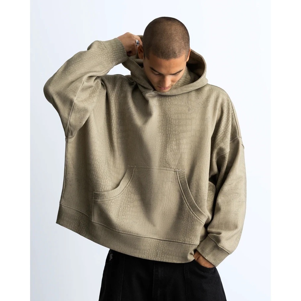 Nude Project Cropped Crocodile Embossed Hoodie Khaki Green Oversized Fit